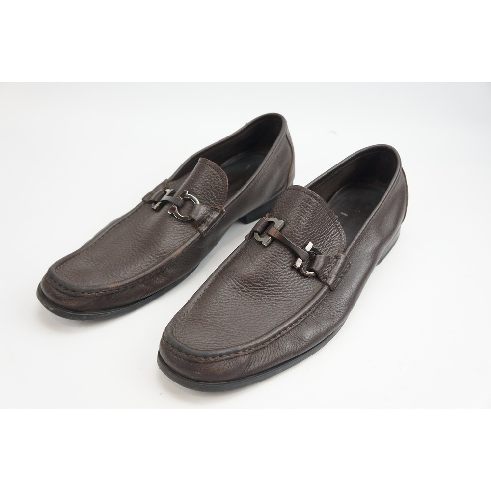 Salvatore Ferragamo Loafers 13 Brown Gancini Pebble Grain Leather Good